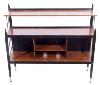 Mid-20th century teak and black painted side unit with ply panelled back to lowertier and brass