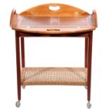 Mid-20th century Danish teak serving trolley with lift-out brass hinged foldable top tray and