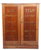 Vintage named "Westmark Boarding School for Boys" locker/cabinet constructed in oak with a plain