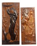 Pair of copper bas-relief type rectangular plaques, each depicting mythological scenes, 57 x 23cm