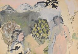 •Gwyneth Johnstone (1915-2010), Figures in a landscape, watercolour and gouache, 23 x 31cm,