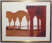 •June Radford (20th century), Figures by ruins, coloured print, signed and dated 76 lower right,