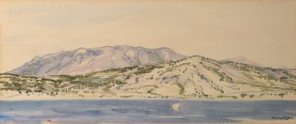 •Sir Muirhead Bone (1876-1953), Coastal island, watercolour, signed lower right, 18 x 42cm