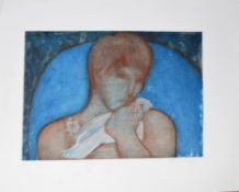 •Sheila Oliner (1930-2020), "Woman with bird", coloured etching and aquatint, signed, inscribed