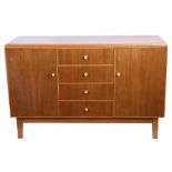 Mid-century sideboard with four central drawers flanked on either side by cupboards with plain