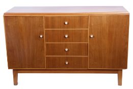 Mid-century sideboard with four central drawers flanked on either side by cupboards with plain