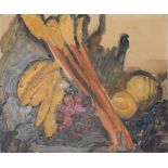•Modern British School (20th century), Still Life with Rhubarb etc, oil on board, 34 x 42cm