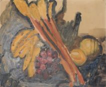 •Modern British School (20th century), Still Life with Rhubarb etc, oil on board, 34 x 42cm