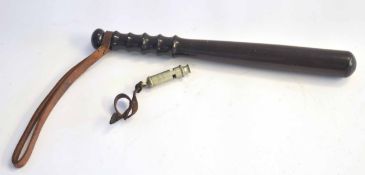 20th century Police wooden baton/night-stick with further Police whistle dated 1937, made by J