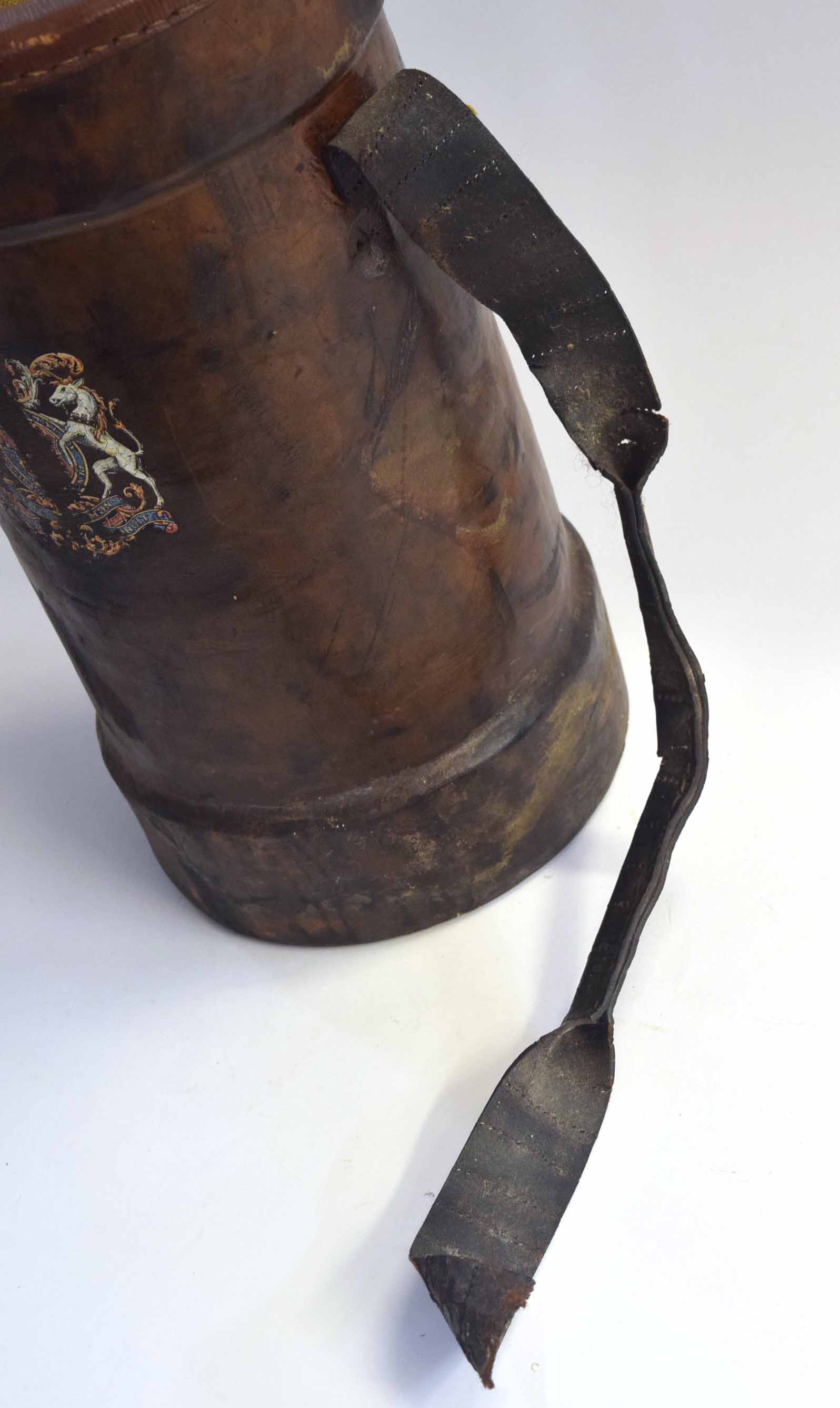 20th century brown leather and canvas cordite bucket/muzzle cover with painted Royal cartouche of - Image 3 of 3
