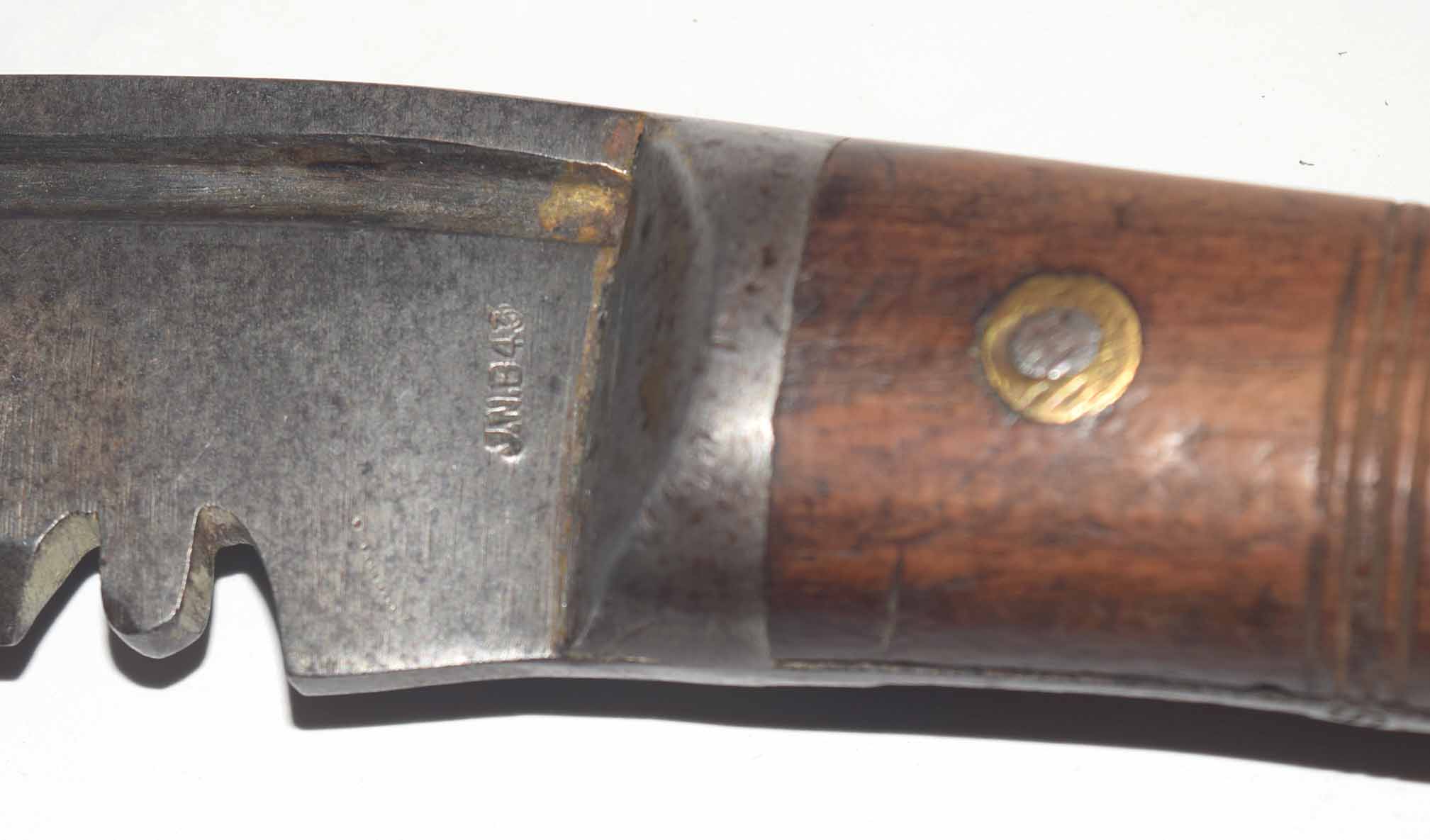 20th century Nepalese Kukri knife with hardwood handles and flat metal pommel stamped "J N B 43" - Image 3 of 3