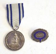 Silver RSPCA Queen Victoria medal ribbon with white and two blue stripes towards each edge,