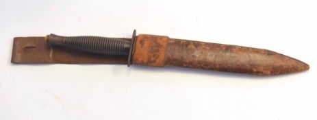 20th century possibly WWII Royal Marine Commando style dagger in leather scabbard, stamped