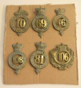 Quantity of six British Glengarry cap badges to include 10th North Lincolnshire Regt, 69th South