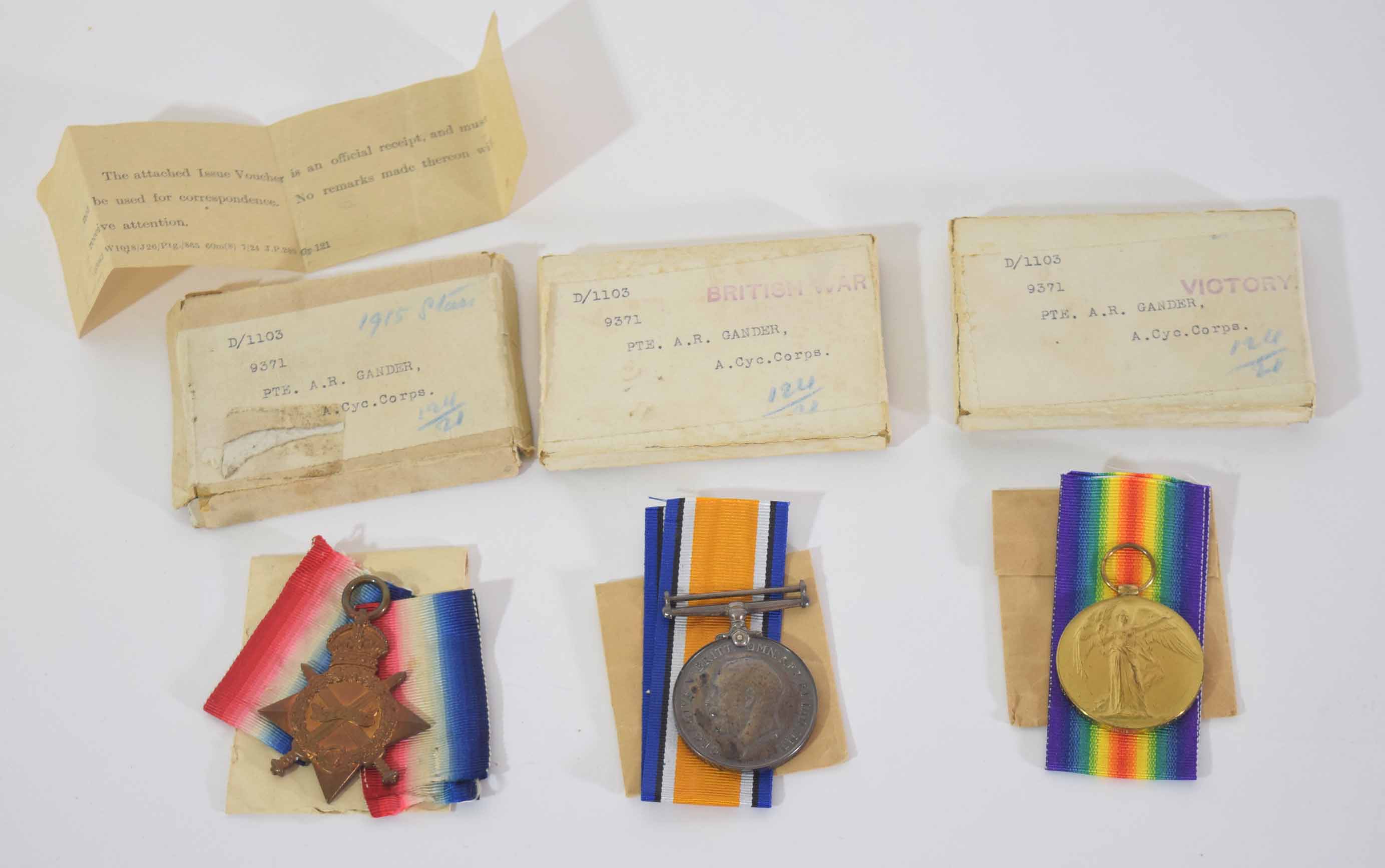 WWI medal trio group impressed to D/11039371 Pte A R Gander of Army Cyclists Corps to include 1914-