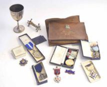 Quantity of Masonic items to include brown jewel wallet to Brother F C Twining, Unity and Progress