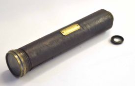 Three-section draw telescope length approx 78cm (extended), leather bound with brass plaque