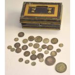 Small 20th century money box to contain 19th century European silver coins to include 1880 German