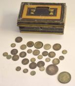 Small 20th century money box to contain 19th century European silver coins to include 1880 German