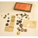 Small cigar box with a quantity of Georgian coins to include George III cartwheel penny, John