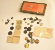 Small cigar box with a quantity of Georgian coins to include George III cartwheel penny, John