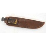 20th century foreign made Eagan small Bowie knife with leather scabbard and antler handle, metal