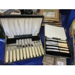 THREE CASES OF SILVER PLATED SPOONS, CUTLERY ETC