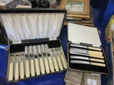 THREE CASES OF SILVER PLATED SPOONS, CUTLERY ETC