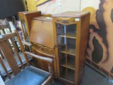 WOOD AND GLASS BUREAU CABINET WITH THREE LOWER DRAWERS, 120CM WIDE