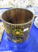 EARLY 20TH CENTURY WOOD AND METAL BOUNDED HAND PAINTED POT