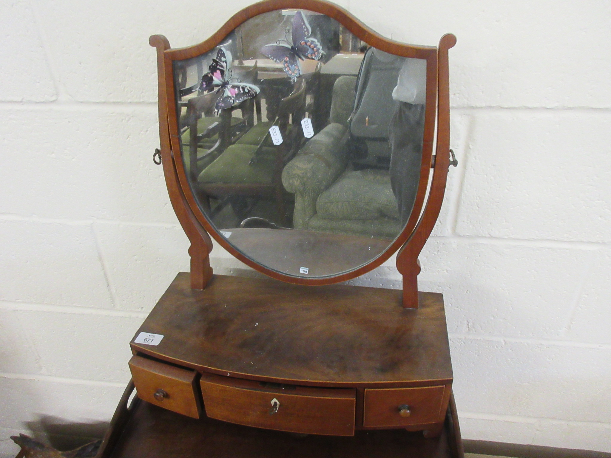 EDWADIAN SHIELD SHAPED TOILET OR DRESSING TABLE MIRROR WITH THREE DRAWERS BENEATH, WIDTH APPROX