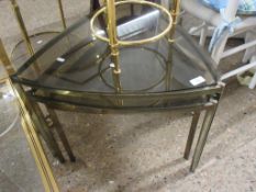 UNUSUAL TRIANGULAR SHAPED SET OF SMOKED GLASS NESTING TABLES, LARGEST MAX APPROX 58CM