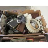 BOX OF MIXED SUNDRIES INCLUDING CHINA AND MINIATURE BOXES ETC