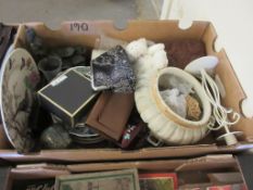 BOX OF MIXED SUNDRIES INCLUDING CHINA AND MINIATURE BOXES ETC