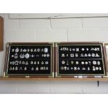 TWO WOODEN AND BRASS DISPLAY FRAMES “THE MILITARY BADGE COLLECTION”, 69CM WIDE EACH