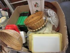 BOX OF KITCHEN WARES, CERAMICS ETC