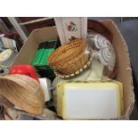 BOX OF KITCHEN WARES, CERAMICS ETC