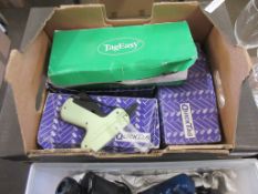 BOX CONTAINING A TAG GUN WITH FOUR BOXES OF EXTRA TAGS ETC