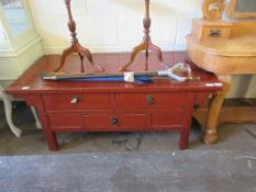 MODERN CHINESE STYLE HARDWOOD TABLE WITH THREE DRAWERS, PAINTED IN RED, 122CM WIDE