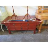 MODERN CHINESE STYLE HARDWOOD TABLE WITH THREE DRAWERS, PAINTED IN RED, 122CM WIDE