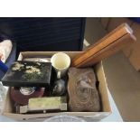 SMALL BOX OF SUNDRIES, MINIATURE TRAYS, TRINKET BOXES ETC