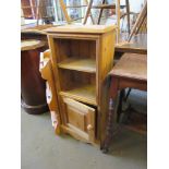 PINE STORAGE UNIT WITH LOWER CUPBOARD TOGETHER WITH A THREE TIERED PINE CORNER UNIT, THE STORAGE