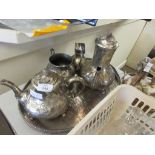 GROUP OF SILVER PLATED TEA WARES TO INCLUDE SERVING TRAY AND TEA POTS
