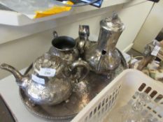 GROUP OF SILVER PLATED TEA WARES TO INCLUDE SERVING TRAY AND TEA POTS