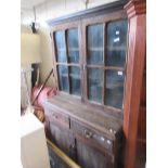 EARLY 20TH CENTURY GOTHIC STYLE OAK DISPLAY CABINET WITH BRASS HANDLES, 186CM HIGH