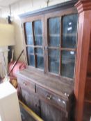 EARLY 20TH CENTURY GOTHIC STYLE OAK DISPLAY CABINET WITH BRASS HANDLES, 186CM HIGH