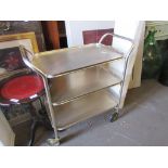 METAL THREE TIER TEA TROLLEY PLUS A SMALL LEATHER TOPPED TRIPOD TABLE