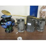 THREE PEWTER MUGS TOGETHER WITH A BRASS LADLE AND ENGLISH FALCONWARE BLACK GLAZED JUG