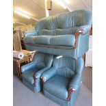 THREE PIECE MODERN GREEN UPHOLSTERED SUITE WITH WOODEN EFFECT DETAILING