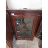 GLAZED MAHOGANY CORNER WALL CABINET, MAX WIDTH APPROX 57CM